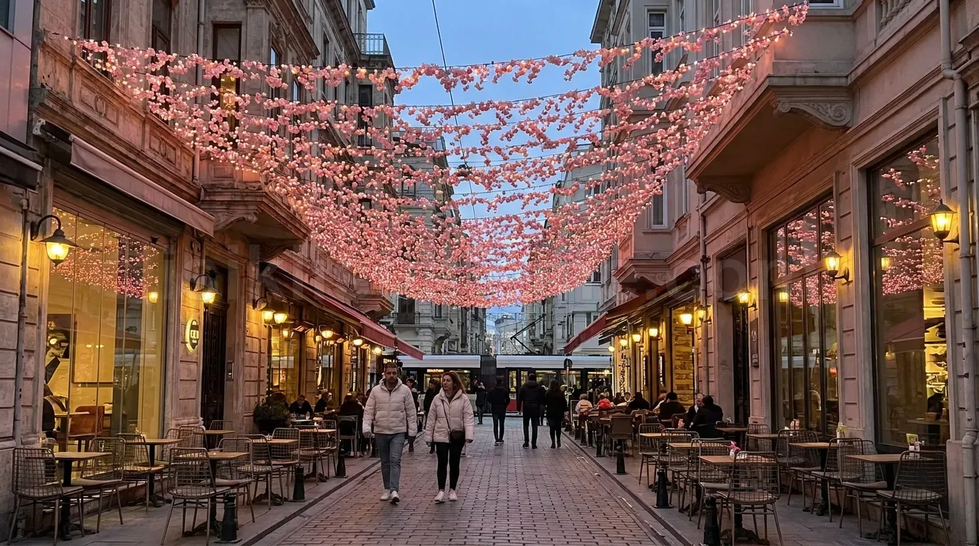 Gunbatiminda dar bir kafe sokaginin uzerinde asili pembe cicek LED zincirlerinin altinda yuruyus yapan ciftler