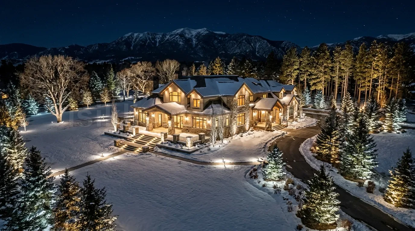 Kar ortusunun altinda dag manzarali ahsap villa cephe ve bahcesinin gece LED ile aydinlatilmasi
