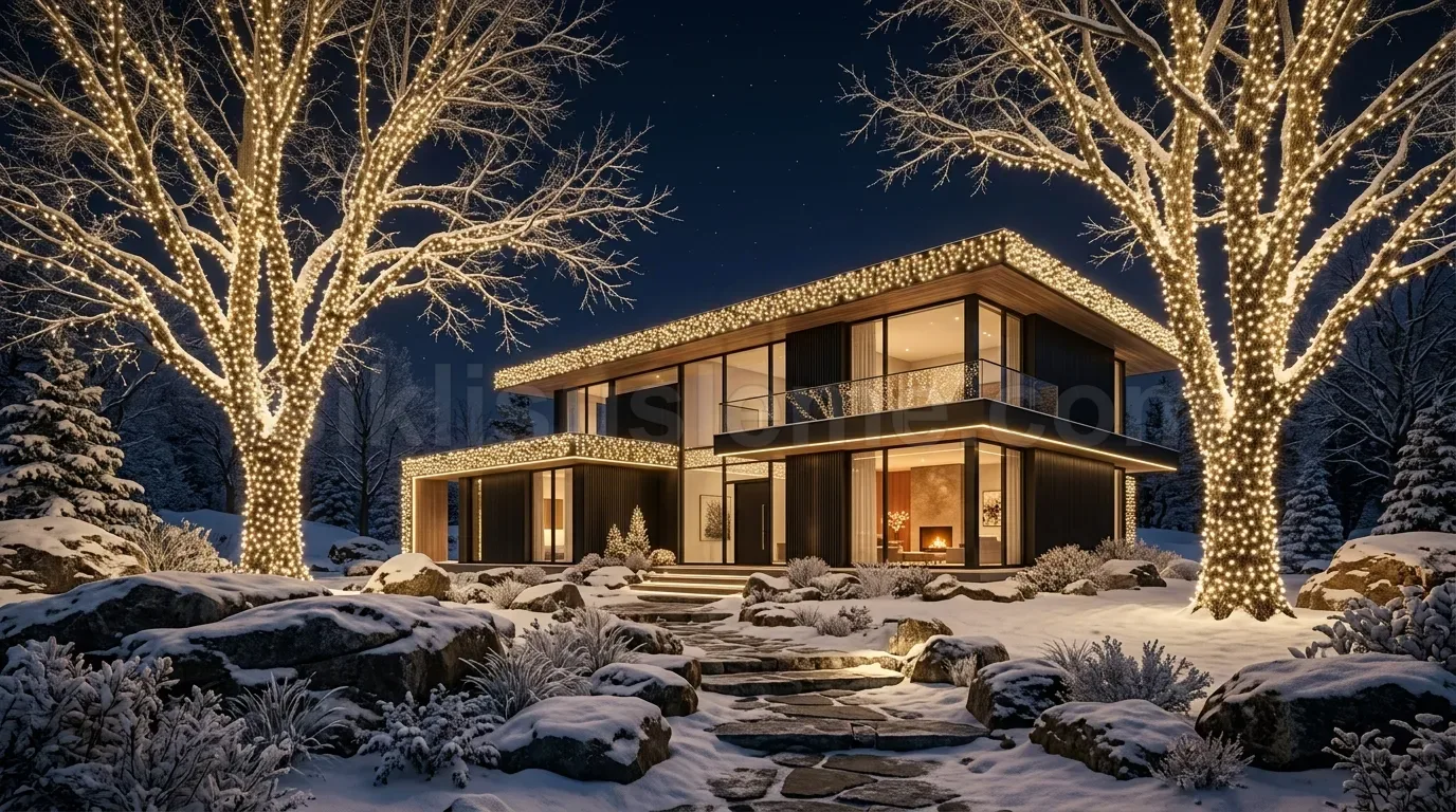 Karli taşlı bahçede modern villa yaninda iki agaca sarilmis yogun sicak beyaz LED gece