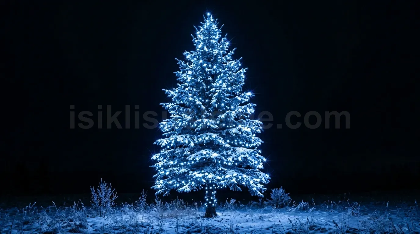 Karli zeminde gece siyah fonun onunde mavi beyaz LED isikli buyuk cam agaci