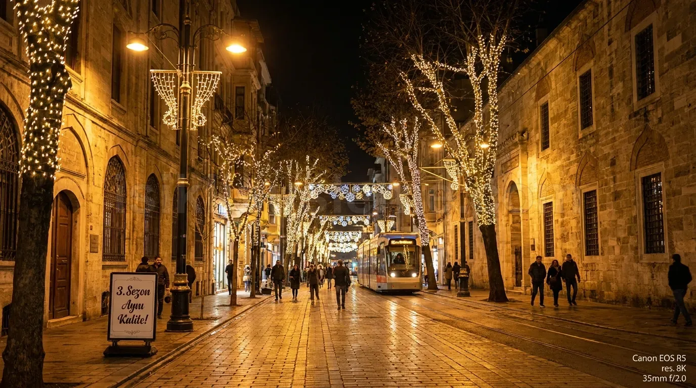 Gece aydinlatilmis kent caddesinde agaclara ve tavan tellerine gerilmis beyaz LED susleme, onunden tramvay gecisi