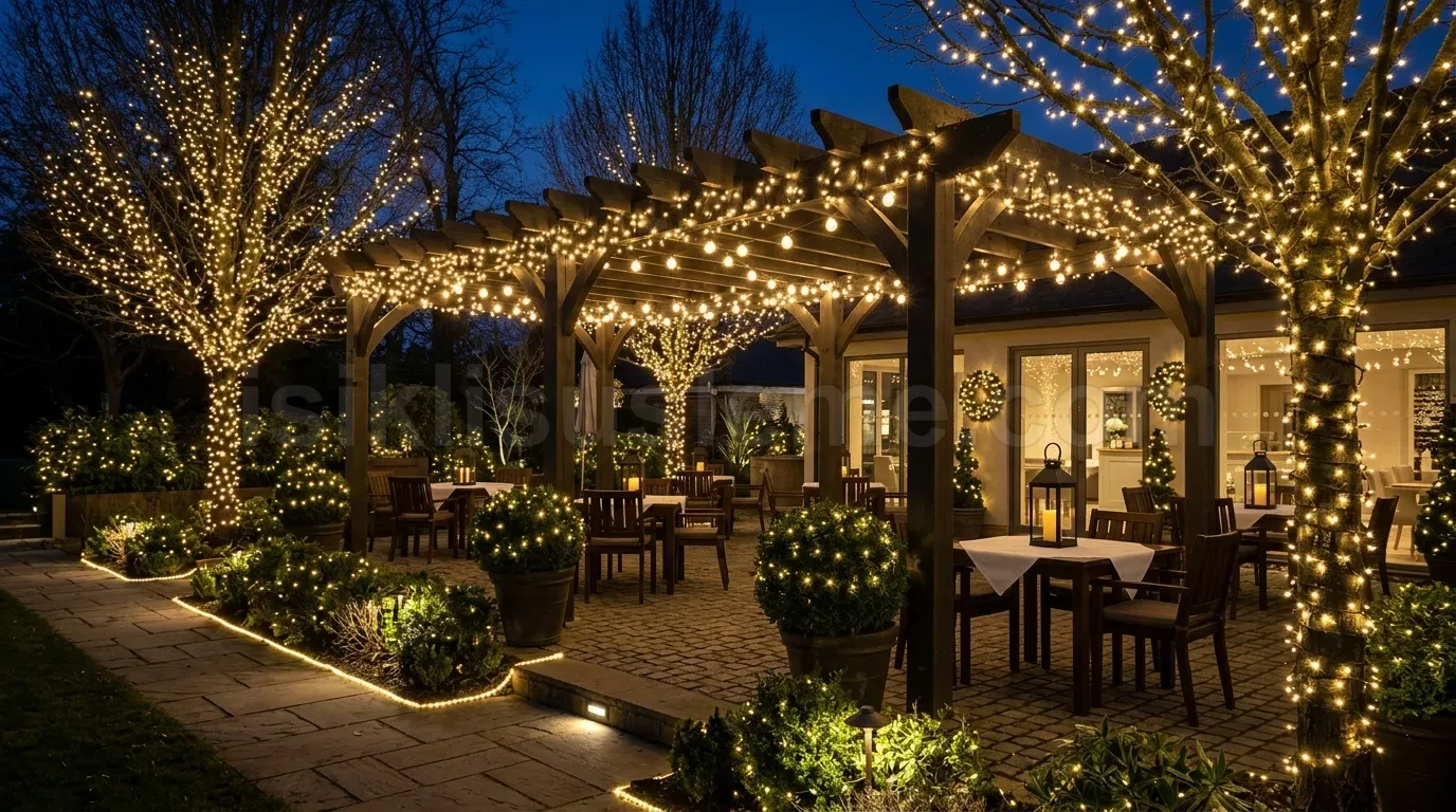 Kis bahceli restoranda pergola ve agaclara asili sicak beyaz LED zincir gece atmosferi