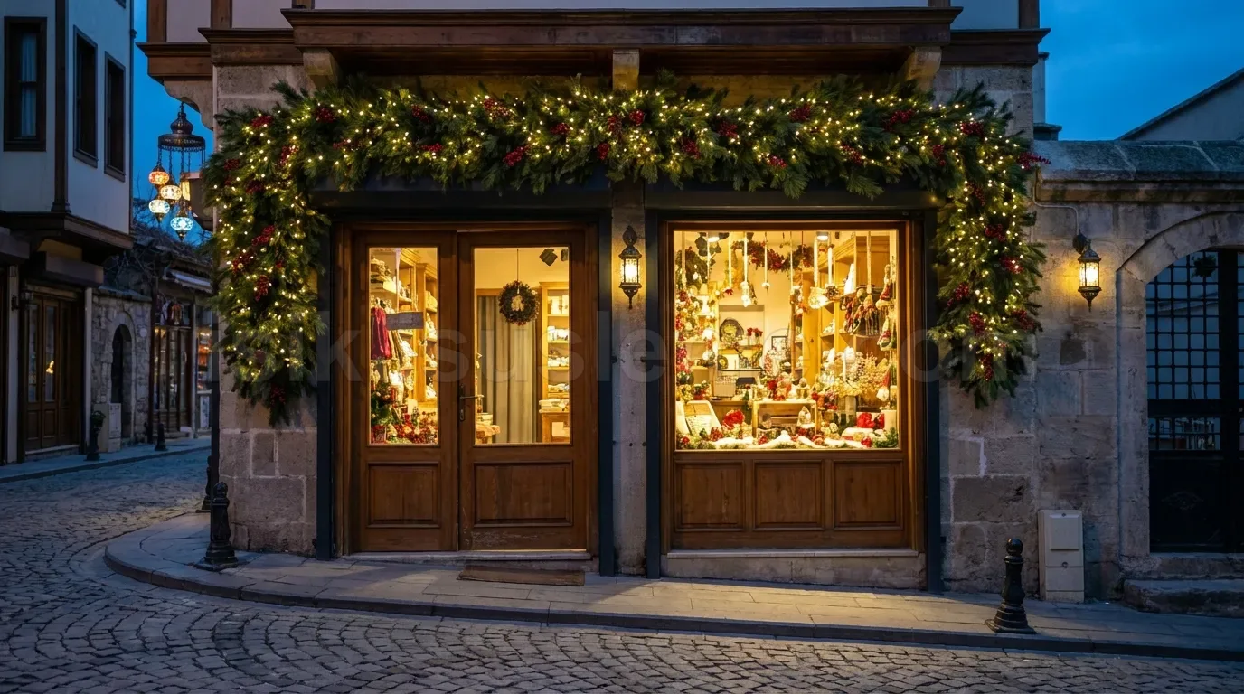 Tarihi tas bina uzerinde sar dal cerceve ve yesillikle suslu nostaljik uc kapili butik vitrin