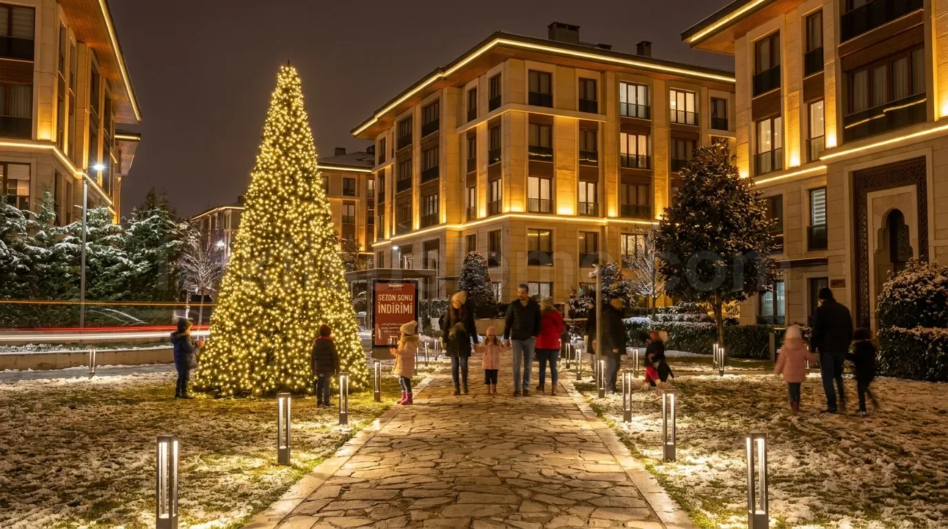 Karli gece konut sitesi meydaninda sicak isikli cam agaci ve LED suslemeli apartman cepheleri