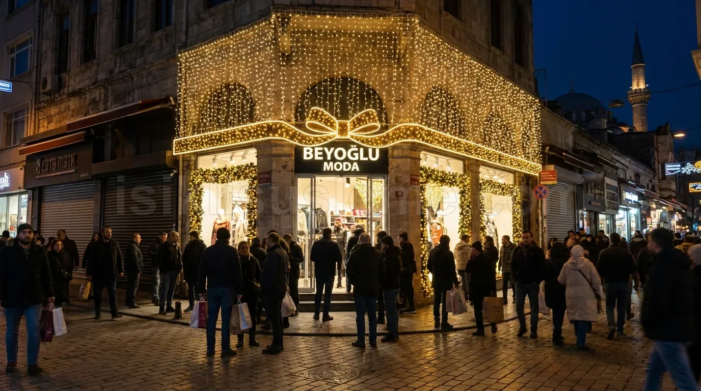 Kalabalik Istanbul caddesinde Beyoglu Moda makazasinin kose vitrininde altin sari perde LED susleme