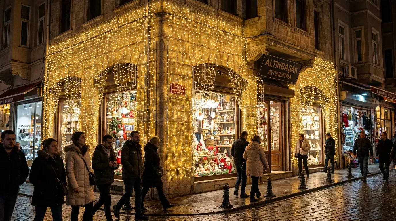 Yaya kalabaliginun onunden gectigi kose dukkaninin tum cephe ve vitrininin yogun sicak beyaz LED ile kaplandigi gece gorunumu