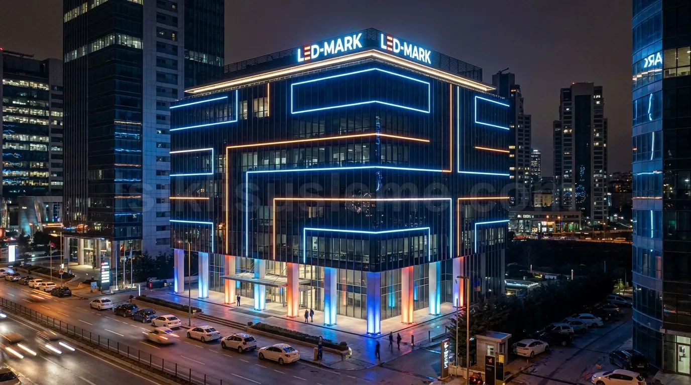 LED-MARK logolu kurumsal plaza binasinin mavi turuncu renkli dis cephe LED aydinlatmasi gece