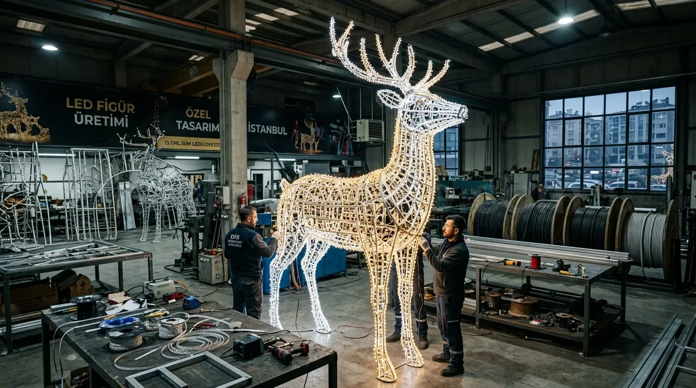 LED figur uretimi yazılı atolye ortamında iki kisi buyuk led geyik heykelinin yanında duruyor