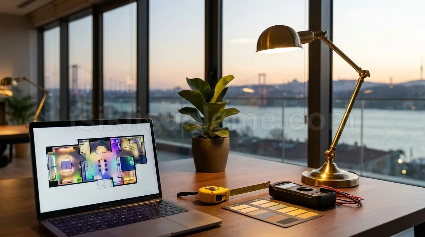 Bogazici manzarali ofis masasinda laptop uzerinde led susleme kat plani ve olcum aletleri