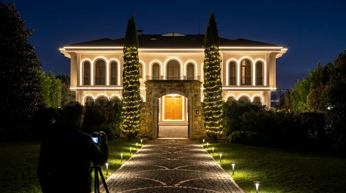 Gece cekiminde luks villa cephe kornisi ve giris kemer cercevesindeki selvi agaclar sicak beyaz led ile suslenimis