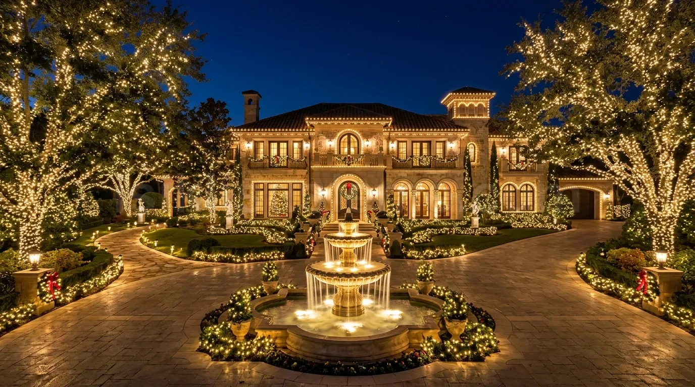 Büyük lüks villa cephesi ve bahce agaclarinda sicak beyaz yilbasi LED susleme gece cekimi