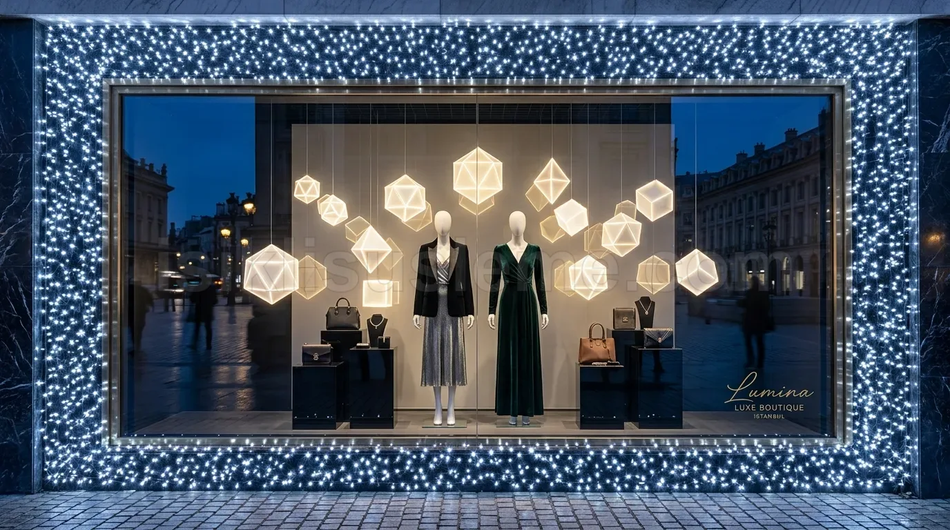 Luks moda magazasinin vitrinde mankenler ve beyaz geometrik LED panel motifleri ile cephe susleme
