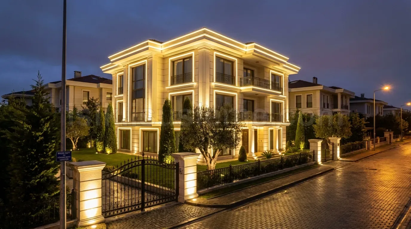 Modern lux villa dis cephesinde kontur led bant ve bahce spotu ile gece aydinlatmasi, arka planda sehir manzarasi