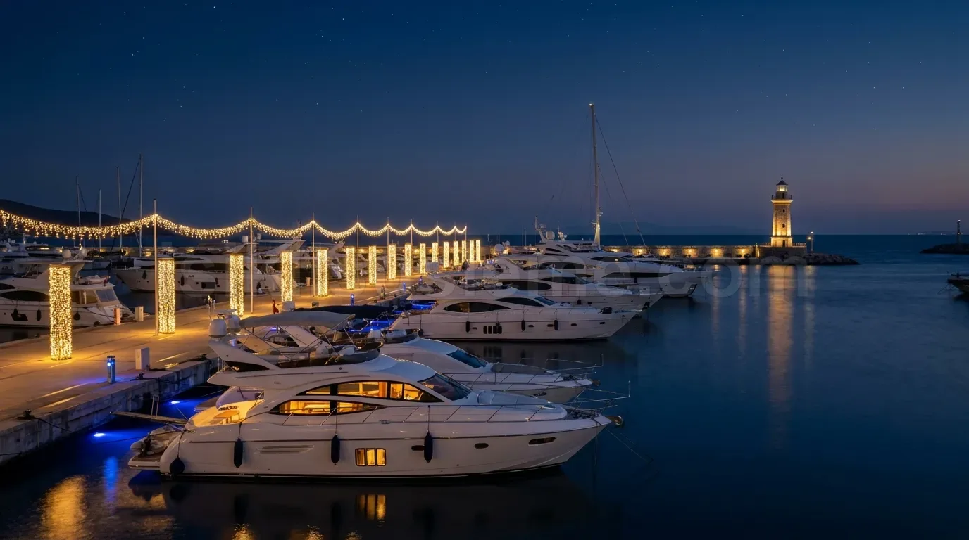 Gece yat limaninda iskele boyunca parlayan sicak beyaz LED sutunlar ve perde led susleme denize yansıyor