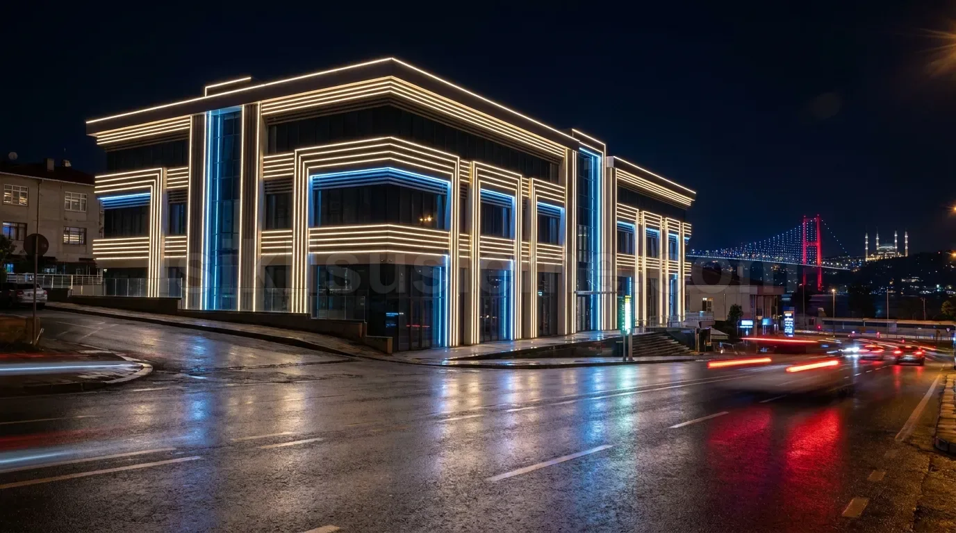 Bogazici Koprusu manzarasinda modern is binasinin dis cephesi yatay beyaz ve mavi led seritlerle aydinlatilmis