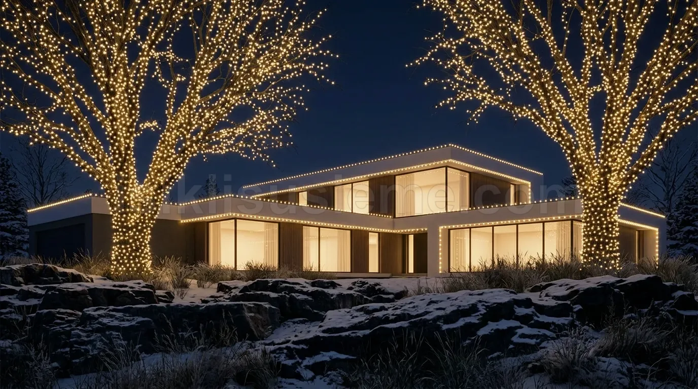 Modern minimalist villa onundeki iki buyuk agaca sarilmis sicak beyaz LED karlı gece