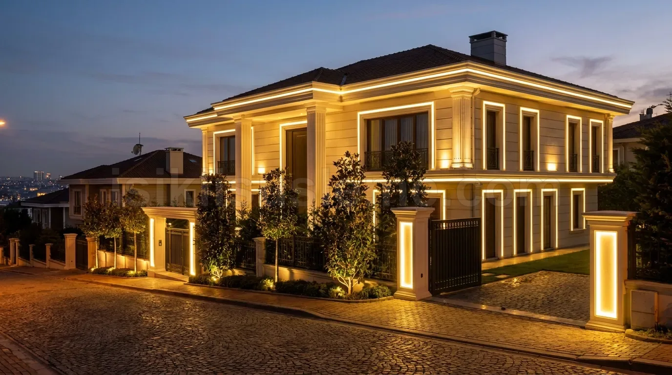 Aksam vakti lüks modern villanin dis cephesi led kontur isiklandirmasi ve bahce spot aydinlatmasi