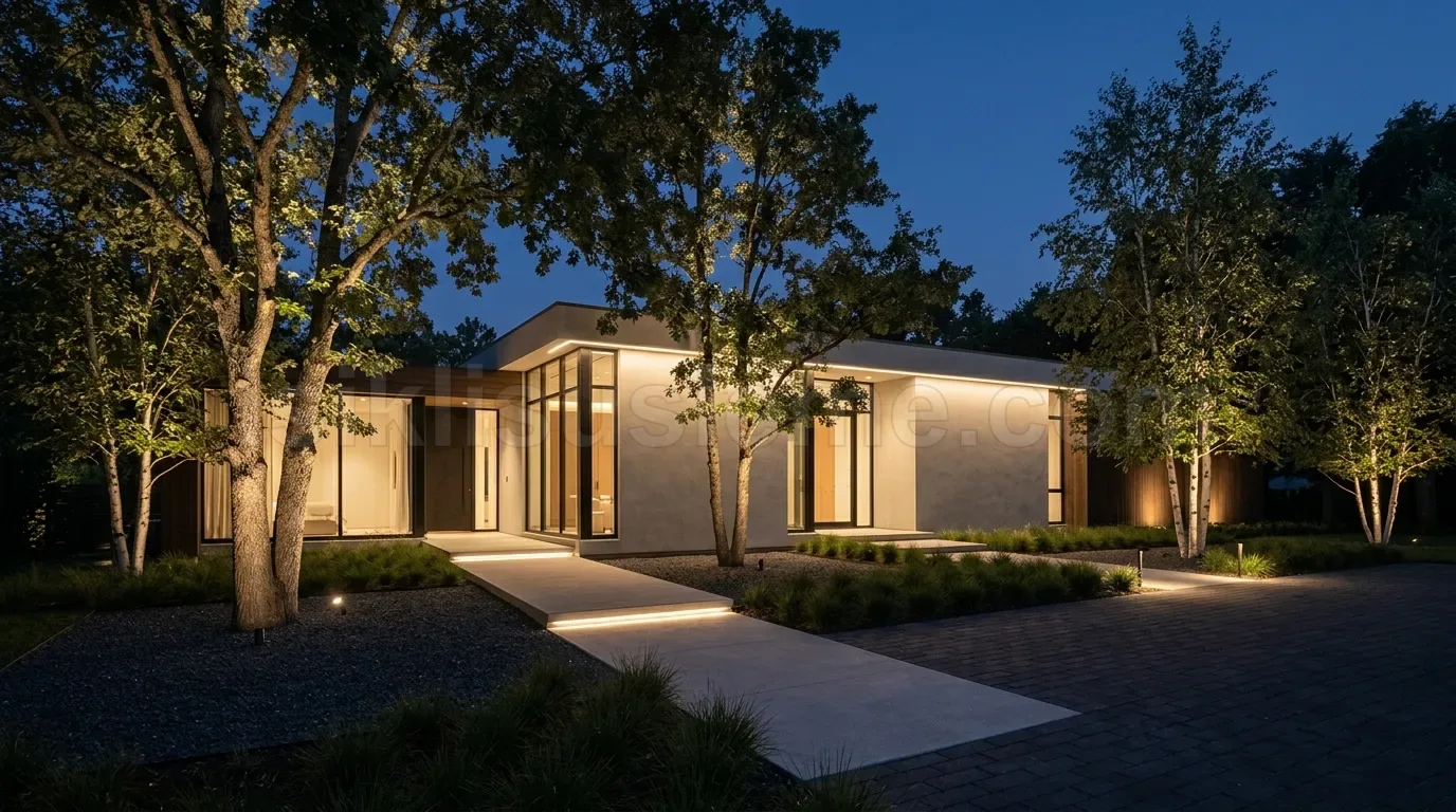 Tek katli modern villa cephesinde beyaz agac spotlama ve giris yolu led aydinlatmasi gece manzarasi