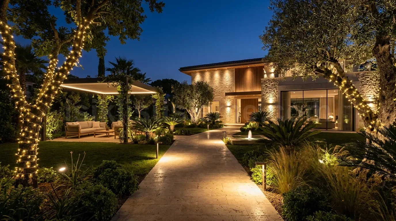 Modern villa girisinde zeytinlikler ve agaclar arasindan gecen yolun peri isigiyla aydinlatilmasi