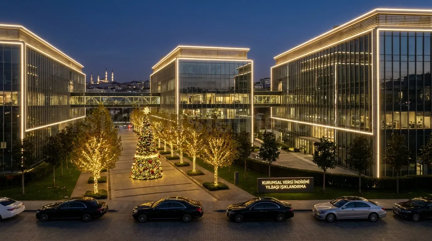 Buyuk ofis kampusunun cephe LED kontur isiklandirmasi ve giris onunde yilbasi cam agaci olan gece drone gorseli