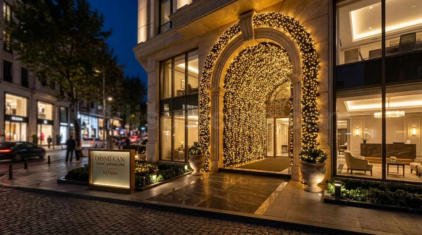 Luksus otel girisinde altin sari sicak beyaz LED ile kaplı kemer kanal susleme gece cekim