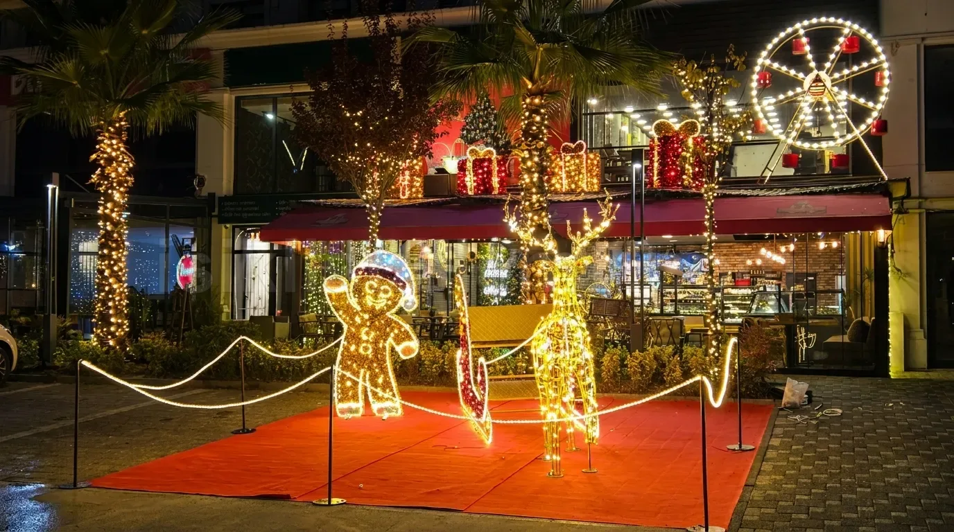 Palmiye agaclari ve dukkan onunde altin LED geyik kizak ve gingerbread adam figuru gece