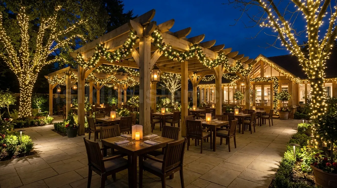 Pergolali restoran terasinda agaclara ve kirislere sarili sicak beyaz LED gece atmosferi