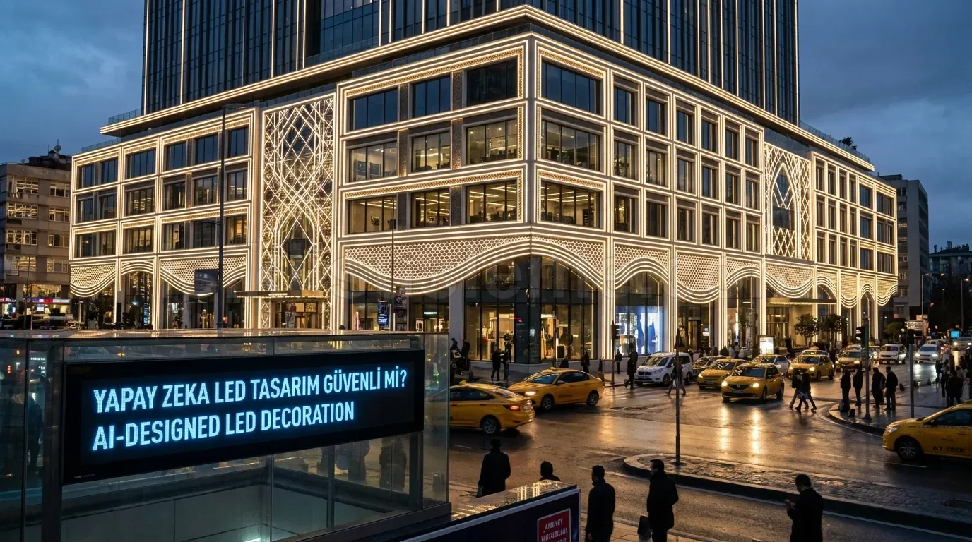 Sehir merkezinde modern plaza binasinin cephesinde geometrik beyaz LED motif susleme ve onunden gecen taksi trafik