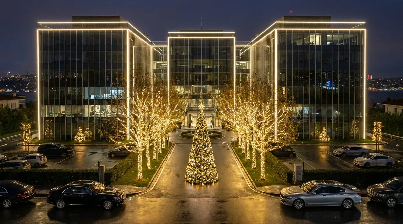 Cam giydirmeli iki plaza binasi arasinda sicak beyaz LED ile aydinlatilmis agaclar ve merkezi yilbasi cam agaci
