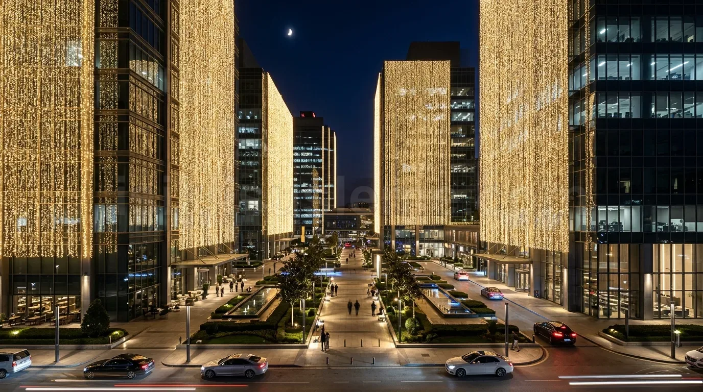 Iki yuksek plaza binasi arasindaki acik koridora uygulanan altin sarkac perde LED aydinlatma gece gorunumu