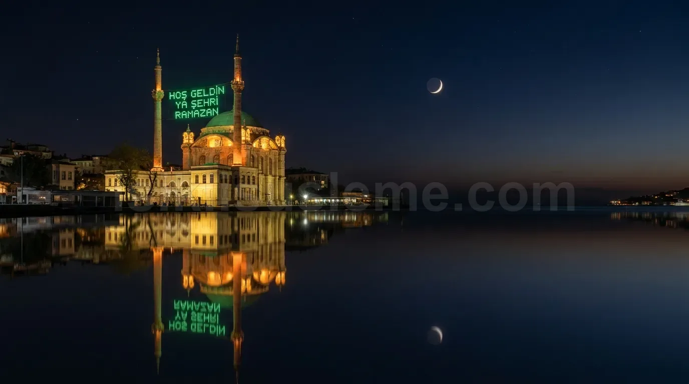 Geceleri Bogazda yansıyan hos geldin ramazan yazılı yeşil led tabelalı tarihi camii