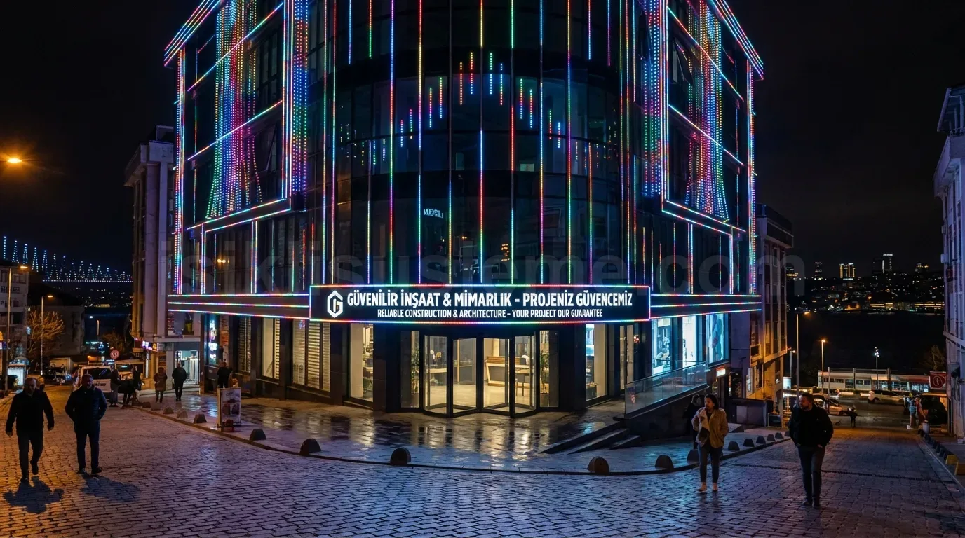 Bogaz manzarali Guvendi Insaat binasinin dis cephesinde cok renkli dikey piksel LED aydinlatma