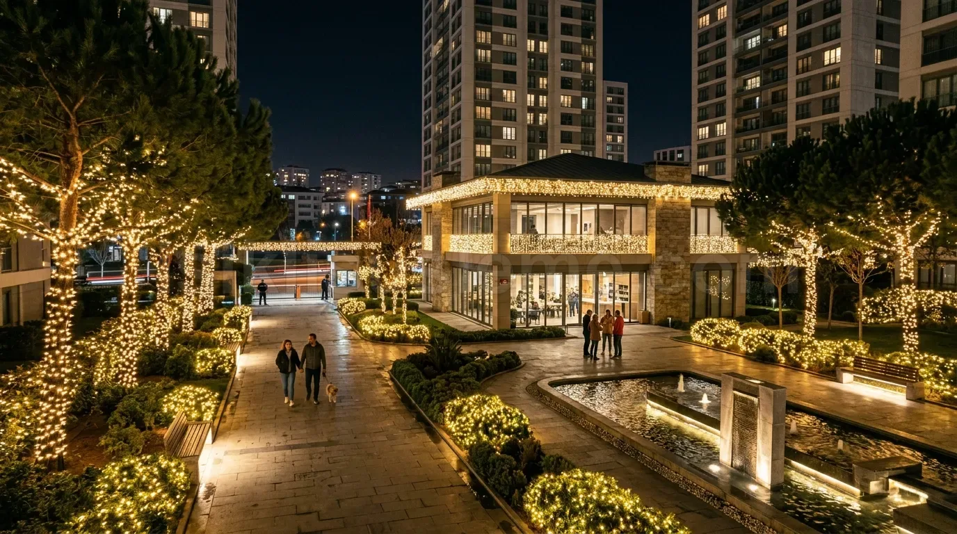 Yüksek katlı rezidans önünde ağaçları kaplayan sicak beyaz LED ışıklarla aydınlatılmış avlu