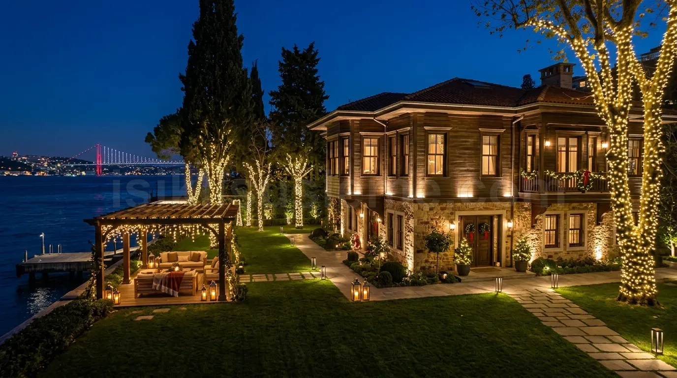 Bogaz sahilinde tas villa bahcesinde agaclara ve cepheye uygulanan sicak beyaz yilbasi LED susleme