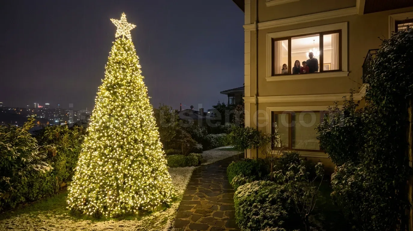 Sehir panoramasi onunde villa bahcesinde sicak beyaz LED yildiz tepeli buyuk cam agaci gece cekimi