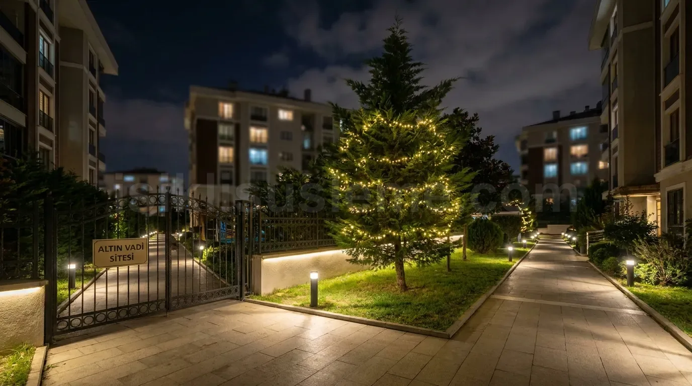 Altin Vadi Sitesi girisinde dogal servi agacina sarilmis sicak beyaz mini LED yilbasi susleme ve aydinlatilmis yol