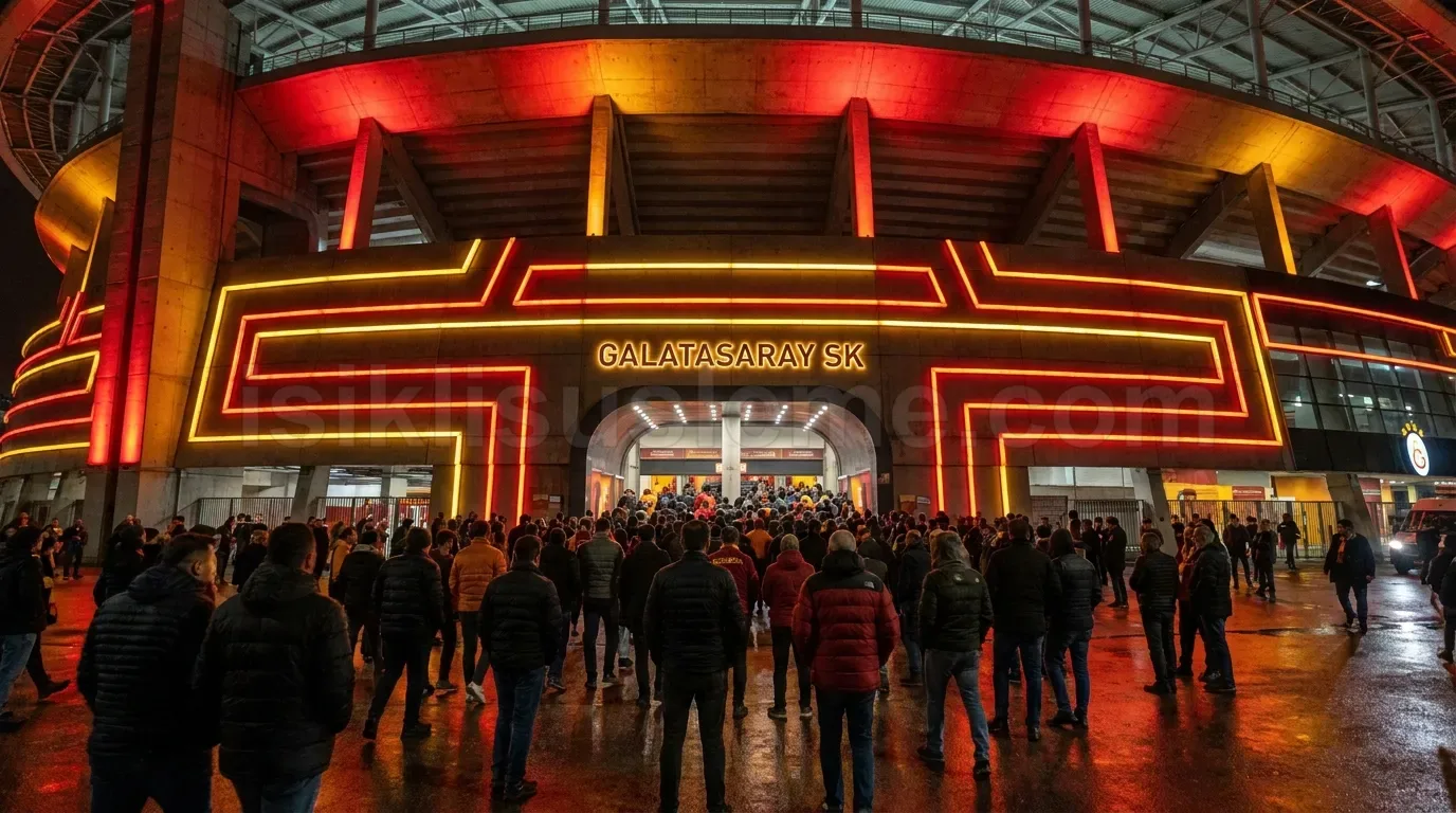 Galatasaray ibareli stadyum girisinde kirmizi ve sari neon LED cephe susleme kalabalik onunde