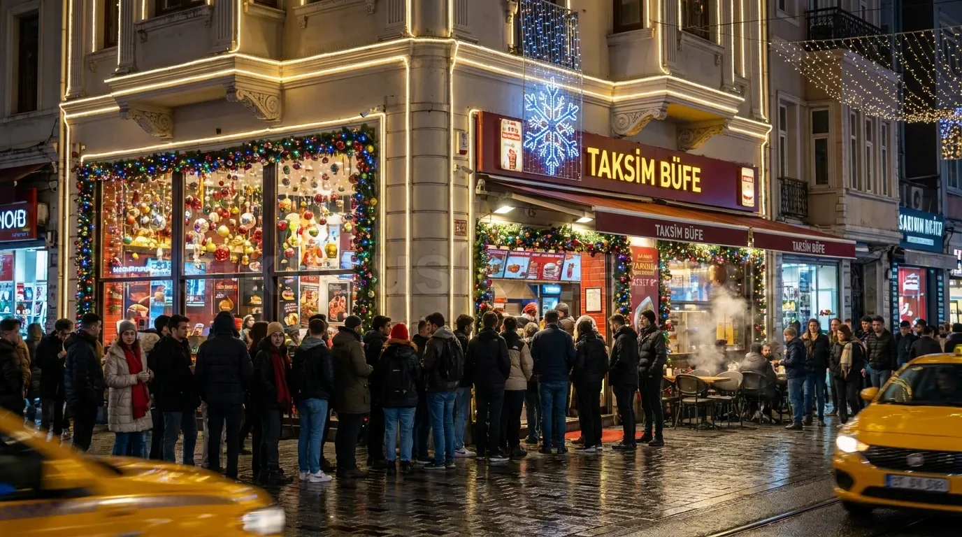 Taksim bufesinin yilbasi susleme ile dolu renkli LED vitrininin onunde bekleyen kalabaligin gece gorunumu