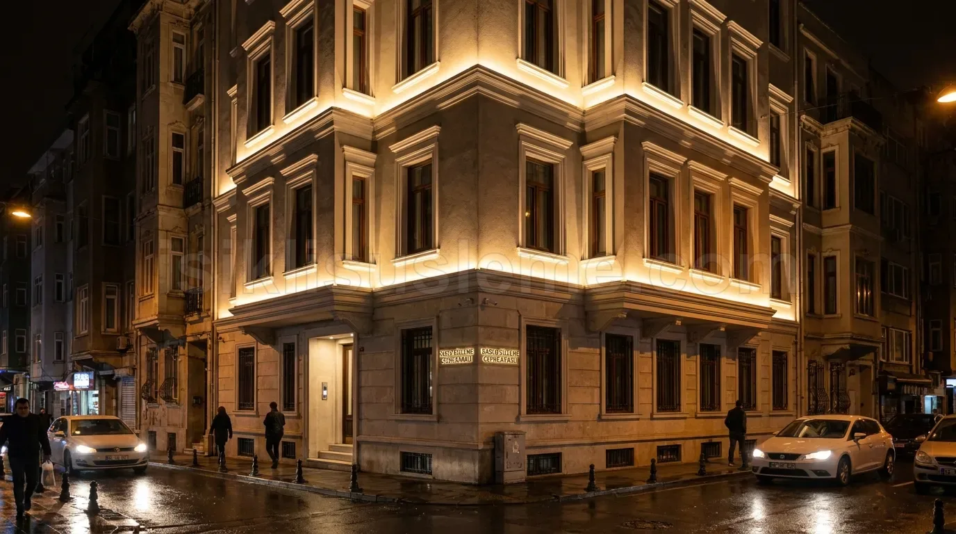 Istanbul'da kosebasi tarihi binanin kat silmeleri boyunca sicak beyaz LED cephe aydinlatmasi