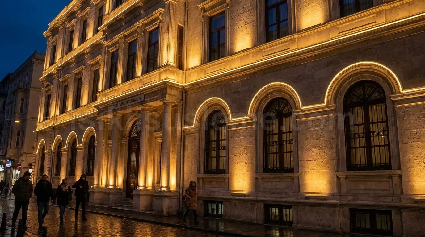 Tarihi tas binada sicak sari LED govde aydinlatmasi gece cekimi yayalarin onunde