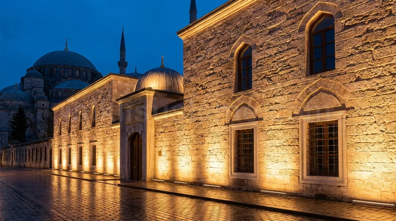 Tarihi tas camii dis cephesi alacakaranlikte amber renkli uplight LED ile aydinlatilmis