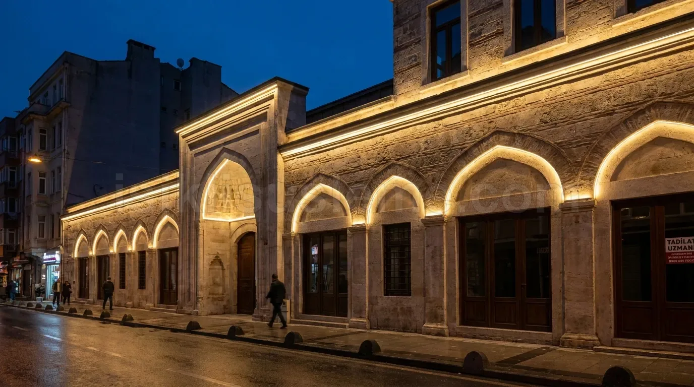 Taş cepheli tarihi yapının sivri kemerlerini sıcak beyaz LED şerit ile vurgulayan gece aydınlatma projesi