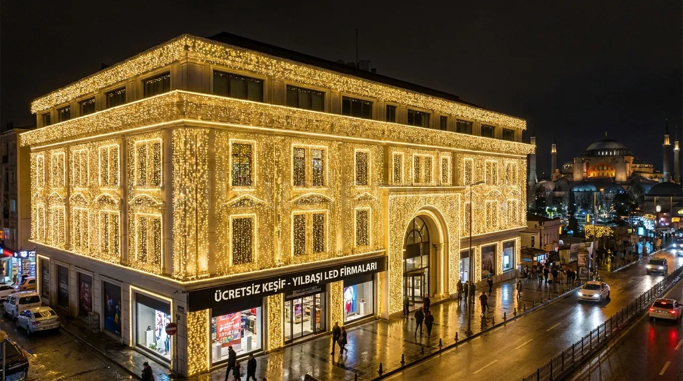 Arka planda Ayasofya gorunen tarihi kose binasinin tum cephesinin sicak beyaz LED perde ile kaplandigi gece fotografi