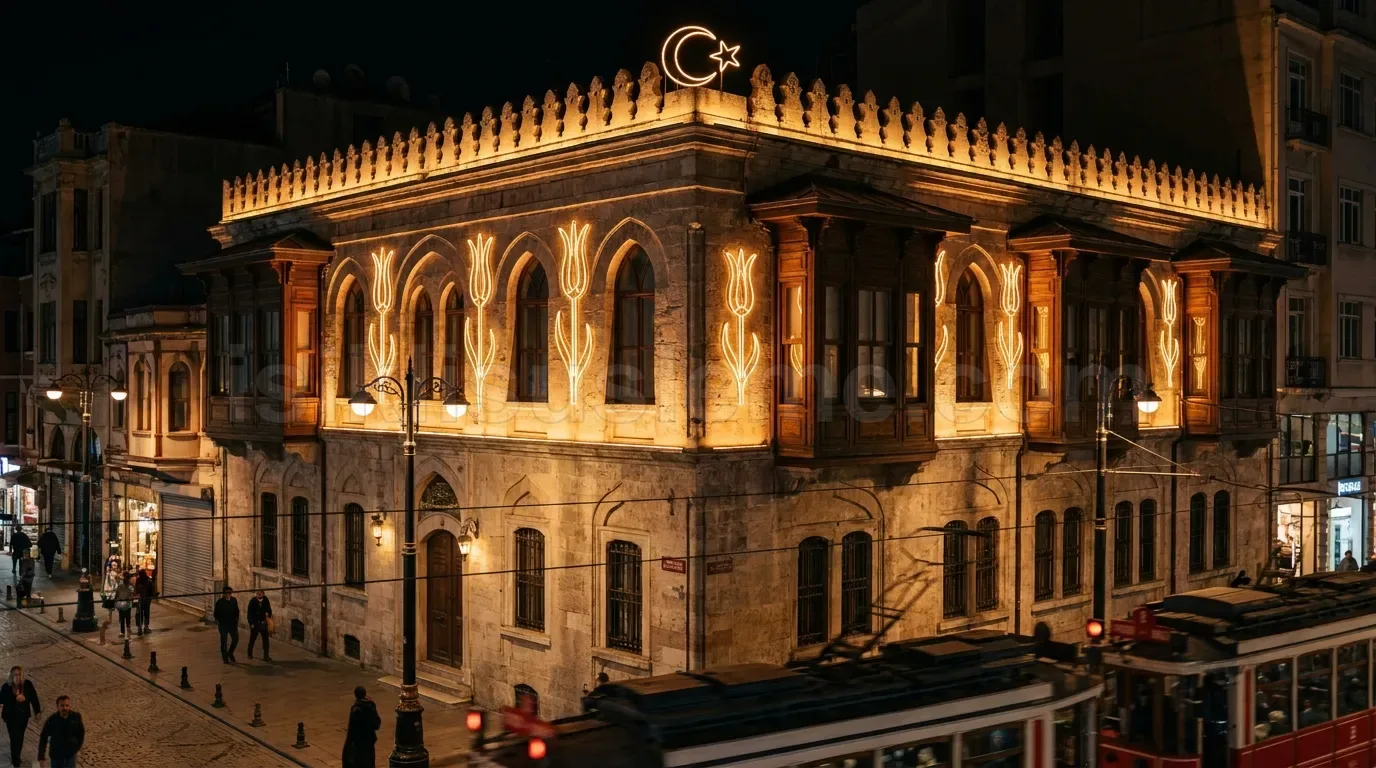 Istanbul merkezinde Osmanli mimarisi kose binasinin dis cephesi sicak sari led ile gece aydinlatilmis