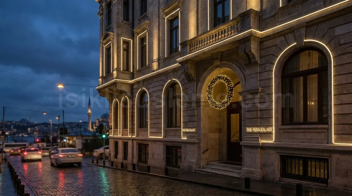 The Pera Palace oteli dis cephesinde beyaz LED kontur ve giris kemerine asili LED celenk