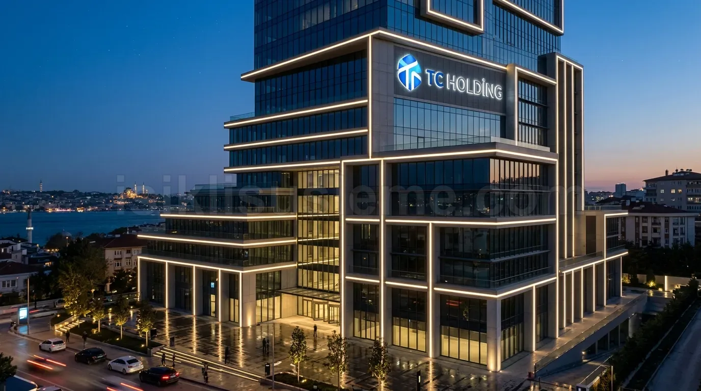 TC Holding kulesi yuksek katlarinda beyaz LED kontur cerceveleme ile Bogazici manzarali gece cephe isiklandirmasi