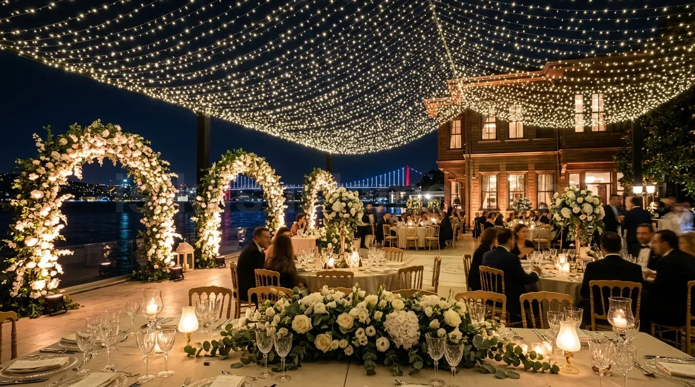 Bogaz manzarali restoran terasinda tavan perde LED peri isigi ve cicek kemeri susleme gece organizasyon