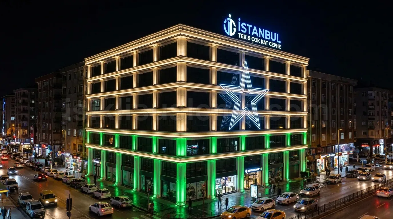 Istanbul Ticaret ve Cografya merkezi binasinin yesil LED cephe isiklandirmasi ve dev LED yildiz figuru