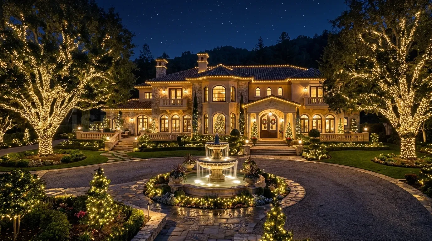 Gece cekiminde bahce agaclari ve cephesi peri isigiyla suslenmiş geniş lüks villa