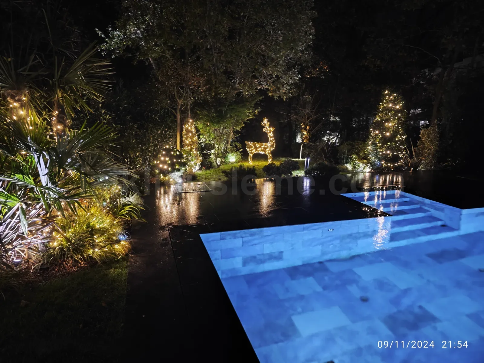 villa bahcesinde havuz basi led geyik figuru ve agaclara sarili sicak beyaz led isiklar gece gorunumu
